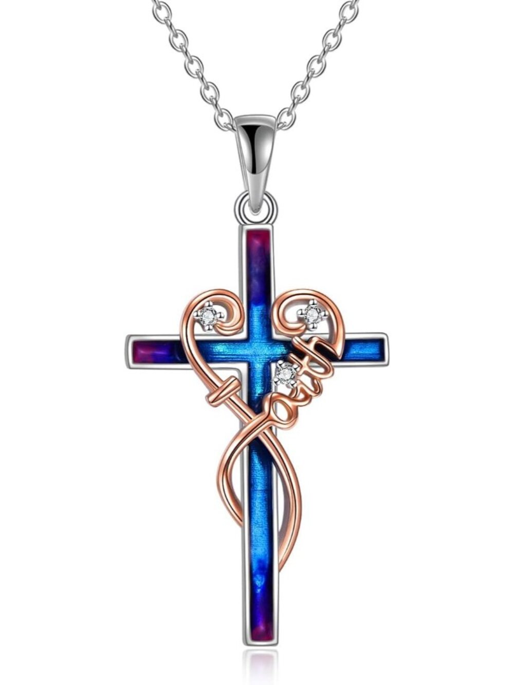 Women's Blue Religious Engraved Faith Hope Love Cross Pendant Necklace Jewelry